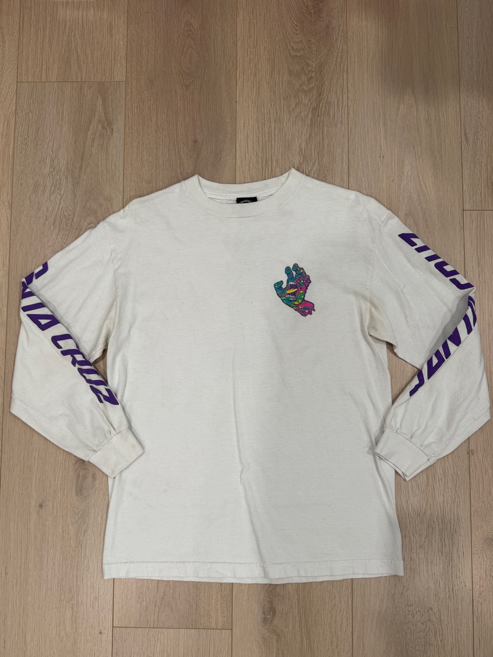 Santa Cruz Skateboards White Long-Sleeve Tee with Purple Sleeve Logo